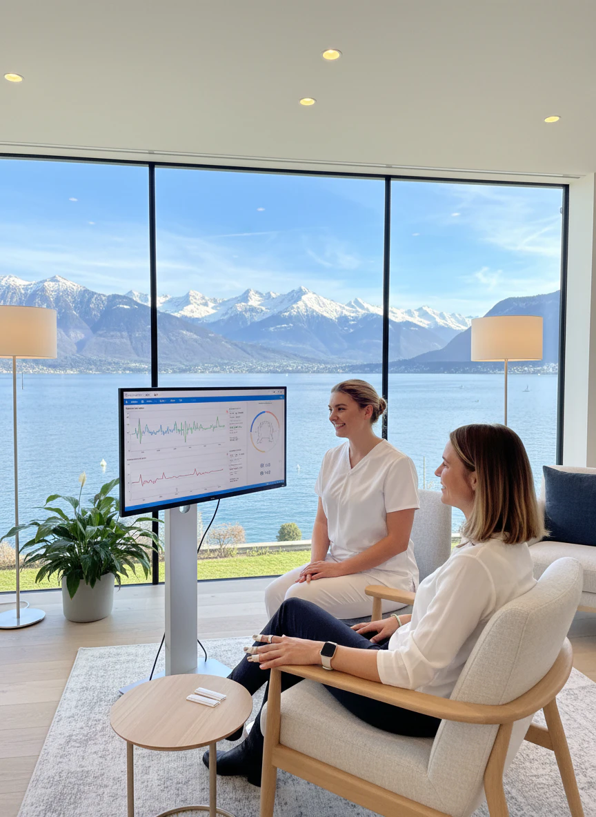 Therapist training a lady with biofeedback against mountain panorama